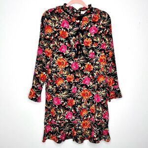 SANDRO Paris Floral Mini Dress, Long Sleeve, Bows, Orange, Pink, Red, Sz Medium